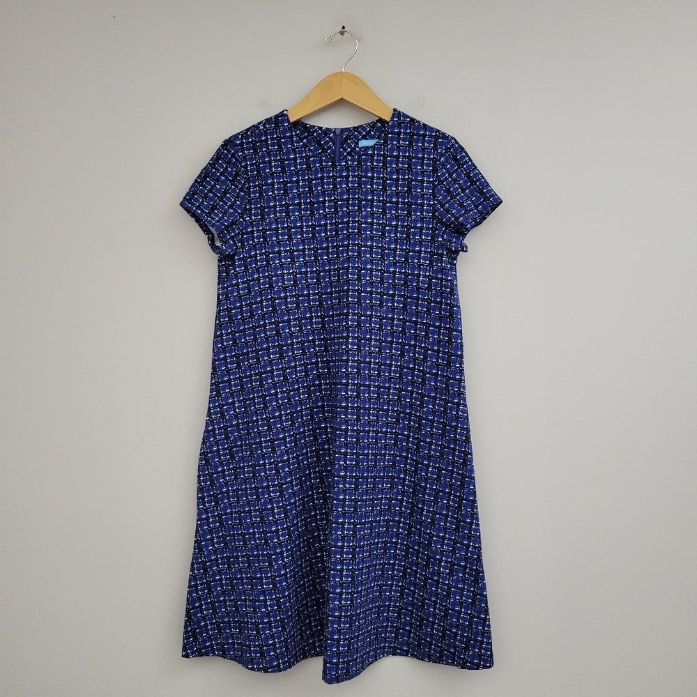 J Mclaughlin Printed Aline Swing Dress With Pockets Blue Geoprint Sz Small